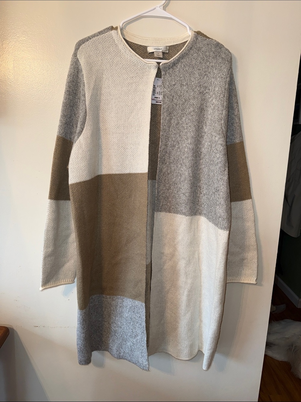 CJ Banks Neutral Tone Colorblock Open Cardigan in Cream, Gray, Taupe